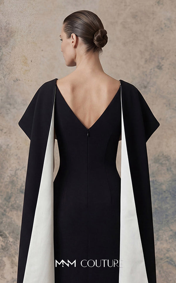 MNM Couture N0746 crepe V-neck column gown with princess darts, pleated bust, and floor-length cape sleeves with contrasting lining | Couture Shop LA.