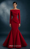 MNM Couture N0761 off-shoulder crepe trumpet gown with straight-across neckline, long sleeves, structural diagonal pleated drapes, and cone-flared skirt | Couture Shop LA.