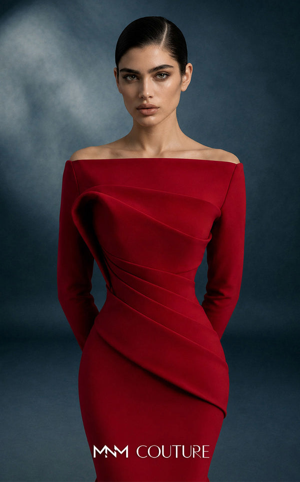 MNM Couture N0761 off-shoulder crepe trumpet gown with straight-across neckline, long sleeves, structural diagonal pleated drapes, and cone-flared skirt | Couture Shop LA.