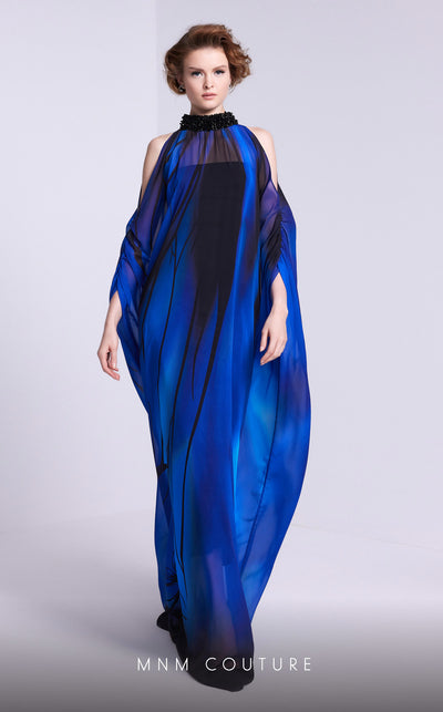 MNM Couture NA0101 cold-shoulder printed A-line gown with beaded overlay and sweep train. | Couture Shop LA