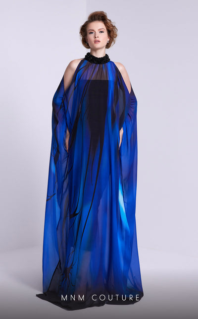 MNM Couture NA0101 cold-shoulder printed A-line gown with beaded overlay and sweep train. | Couture Shop LA