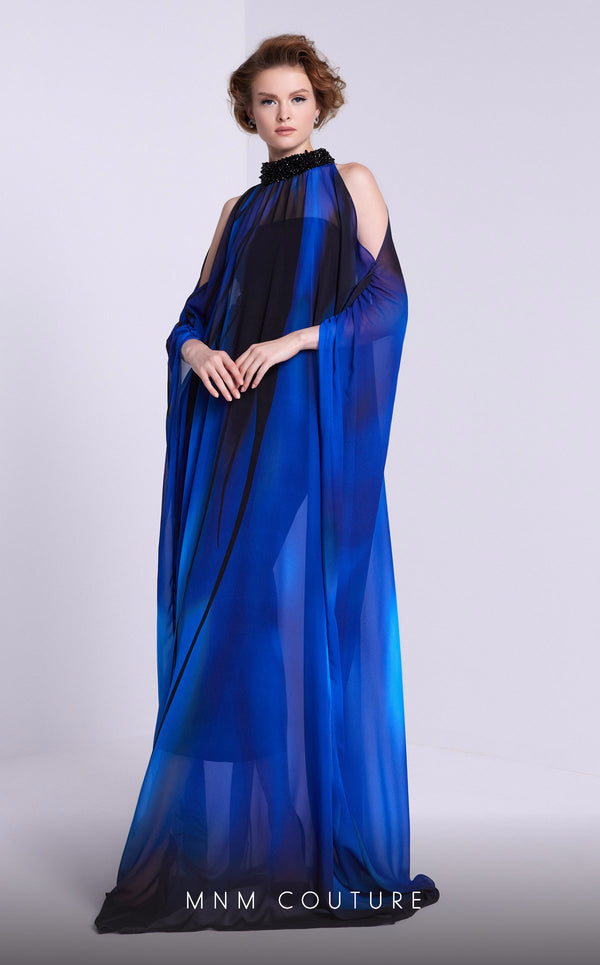 MNM Couture NA0101 cold-shoulder printed A-line gown with beaded overlay and sweep train. | Couture Shop LA