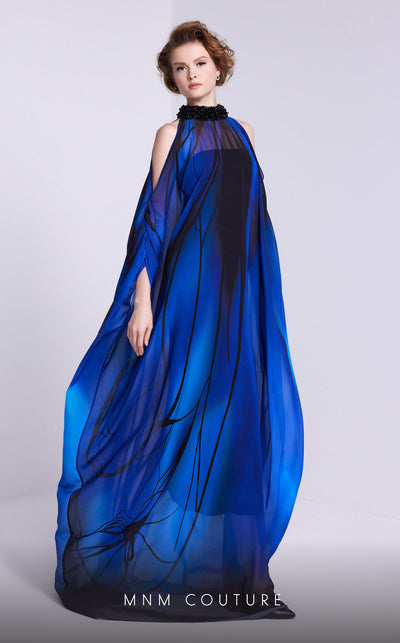 MNM Couture NA0101 cold-shoulder printed A-line gown with beaded overlay and sweep train. | Couture Shop LA