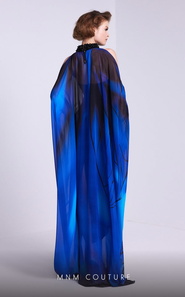 MNM Couture NA0101 cold-shoulder printed A-line gown with beaded overlay and sweep train. | Couture Shop LA