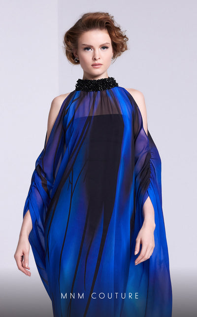 MNM Couture NA0101 cold-shoulder printed A-line gown with beaded overlay and sweep train. | Couture Shop LA
