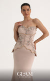 MNM Couture O07796 strapless crepe mermaid gown with beaded underbust corset, self-covered buttons, and crystal bust