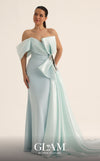 MNM Couture O07802 one-shoulder crepe organza column gown with draped bodice, crystal bow, and side train