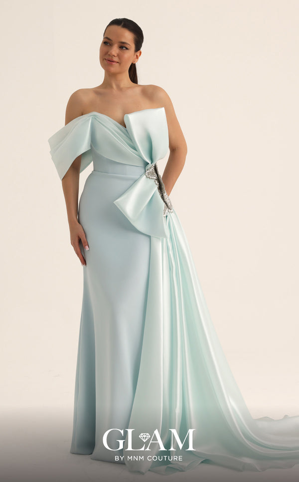 MNM Couture O07802 one-shoulder crepe organza column gown with draped bodice, crystal bow, and side train