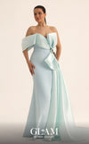 MNM Couture O07802 one-shoulder crepe organza column gown with draped bodice, crystal bow, and side train