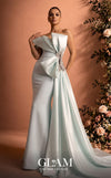 MNM Couture O07802 one-shoulder crepe organza column gown with draped bodice, crystal bow, and side train