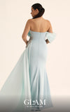 MNM Couture O07802 one-shoulder crepe organza column gown with draped bodice, crystal bow, and side train