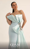 MNM Couture O07802 one-shoulder crepe organza column gown with draped bodice, crystal bow, and side train