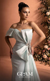 MNM Couture O07802 one-shoulder crepe organza column gown with draped bodice, crystal bow, and side train
