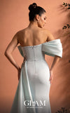 MNM Couture O07802 one-shoulder crepe organza column gown with draped bodice, crystal bow, and side train