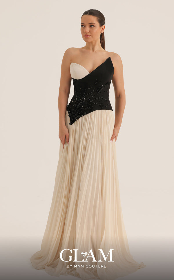 MNM Couture O07808 strapless asymmetric crepe chiffon A-line gown with beaded corset and pleated skirt
