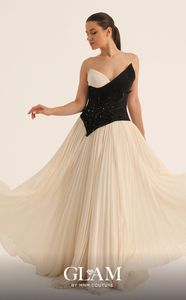 MNM Couture O07808 strapless asymmetric crepe chiffon A-line gown with beaded corset and pleated skirt