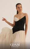 MNM Couture O07808 strapless asymmetric crepe chiffon A-line gown with beaded corset and pleated skirt