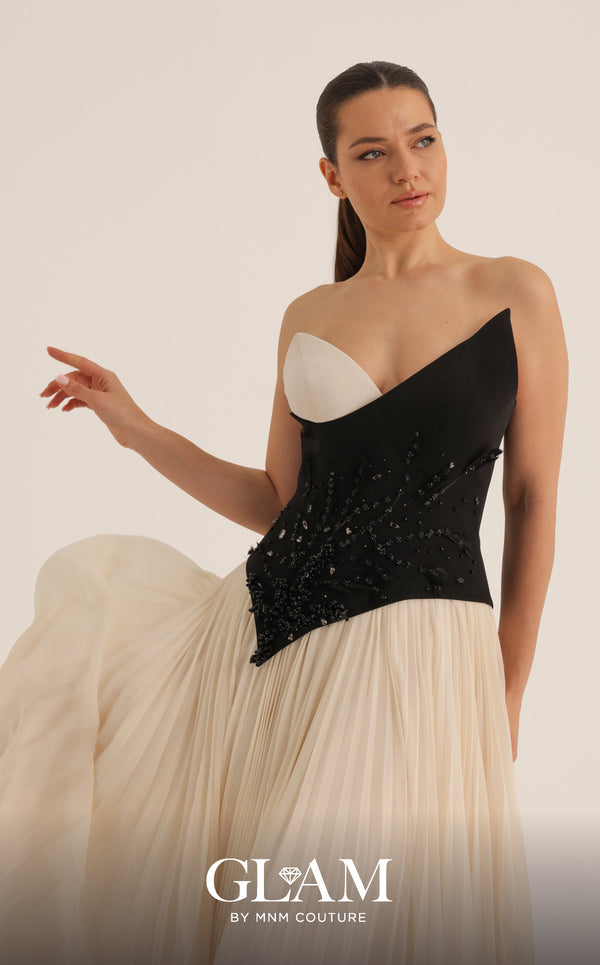 MNM Couture O07808 strapless asymmetric crepe chiffon A-line gown with beaded corset and pleated skirt