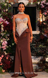 MNM Couture O07814 strapless crepe gown with beaded corset, crystals, peplum, and side slit