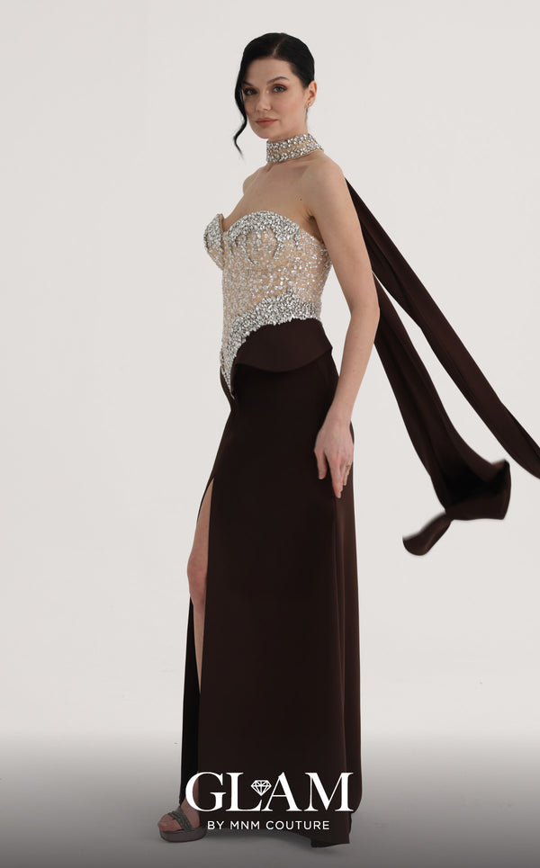 MNM Couture O07814 strapless crepe gown with beaded corset, crystals, peplum, and side slit