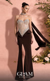 MNM Couture O07814 strapless crepe gown with beaded corset, crystals, peplum, and side slit