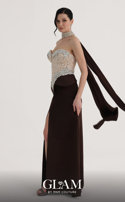 MNM Couture O07814 strapless crepe gown with beaded corset, crystals, peplum, and side slit
