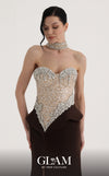 MNM Couture O07814 strapless crepe gown with beaded corset, crystals, peplum, and side slit