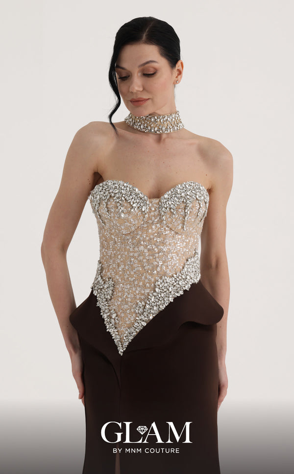 MNM Couture O07814 strapless crepe gown with beaded corset, crystals, peplum, and side slit