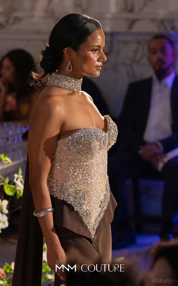 MNM Couture O07814 strapless crepe gown with beaded corset, crystals, peplum, and side slit
