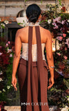 MNM Couture O07814 strapless crepe gown with beaded corset, crystals, peplum, and side slit