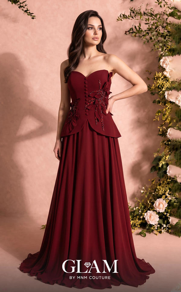 MNM Couture Style O07815 crepe corset chiffon gown with floral embellishments and rhinestones | Couture Shop LA
