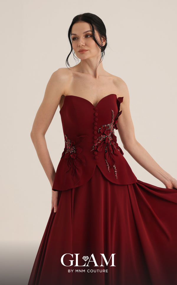 MNM Couture Style O07815 crepe corset chiffon gown with floral embellishments and rhinestones | Couture Shop LA