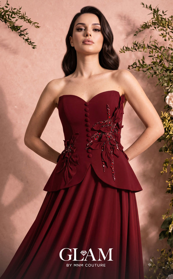MNM Couture Style O07815 crepe corset chiffon gown with floral embellishments and rhinestones | Couture Shop LA