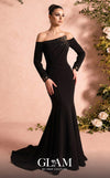 MNM Couture Style O07822 elegant crepe mermaid gown with asymmetric embellishment and beaded details | Couture Shop LA
