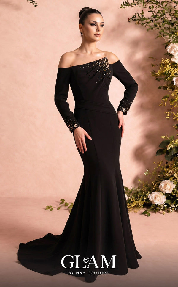 MNM Couture Style O07822 elegant crepe mermaid gown with asymmetric embellishment and beaded details | Couture Shop LA