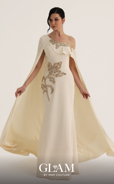 MNM Couture Style O07824 mermaid crepe gown with cape, crystal and rhinestone embellishments | Couture Shop LA
