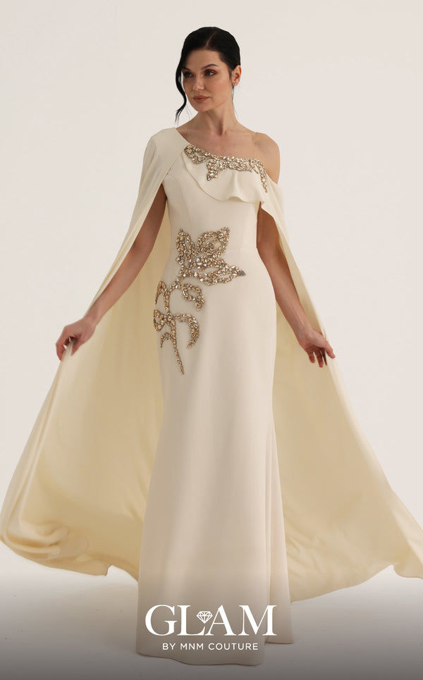 MNM Couture Style O07824 mermaid crepe gown with cape, crystal and rhinestone embellishments | Couture Shop LA