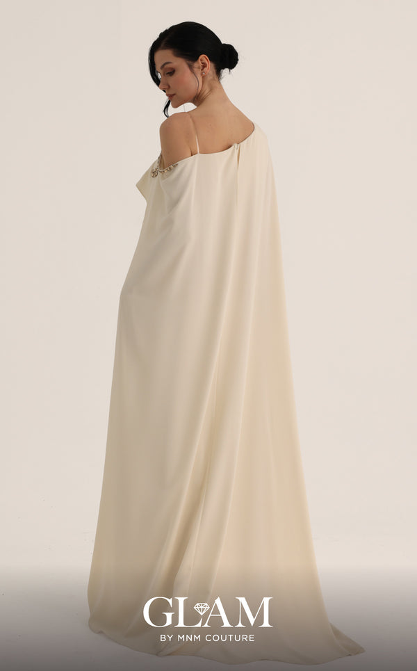 MNM Couture Style O07824 mermaid crepe gown with cape, crystal and rhinestone embellishments | Couture Shop LA