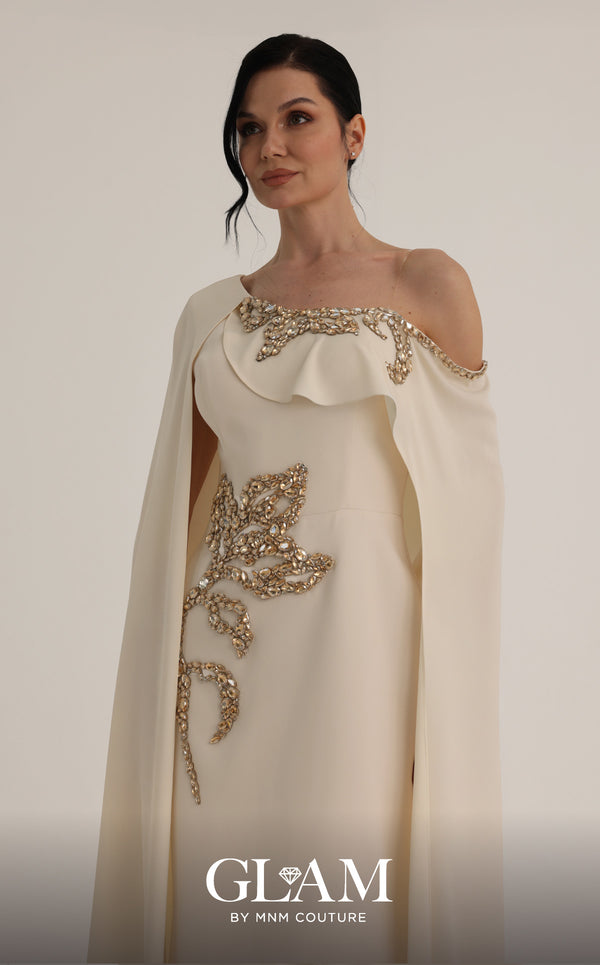 MNM Couture Style O07824 mermaid crepe gown with cape, crystal and rhinestone embellishments | Couture Shop LA
