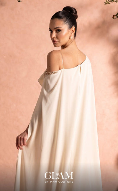MNM Couture Style O07824 mermaid crepe gown with cape, crystal and rhinestone embellishments | Couture Shop LA