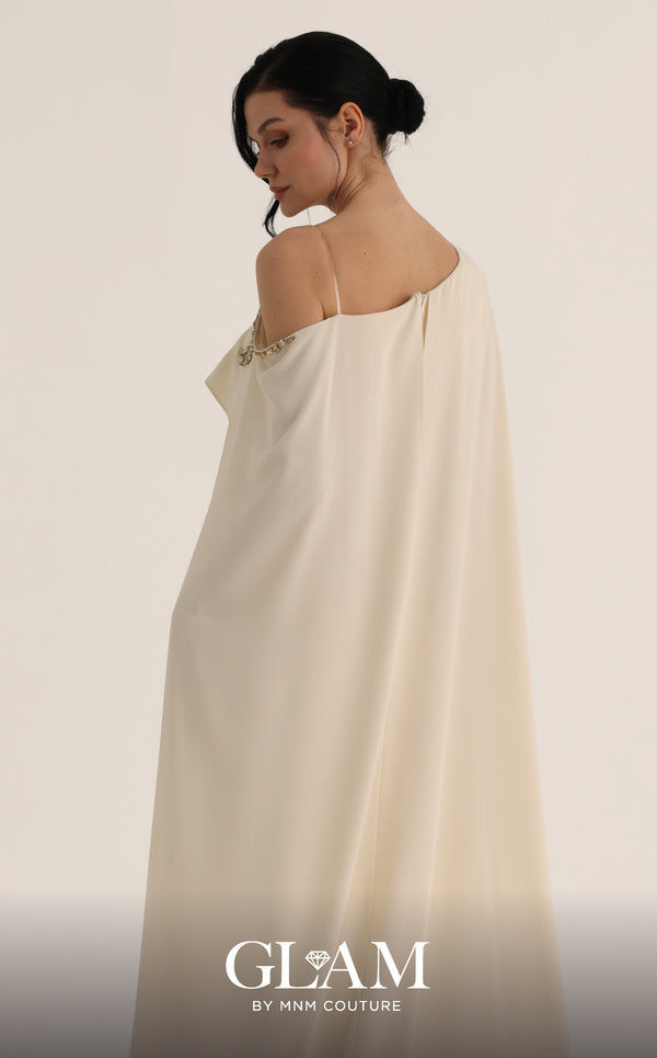 MNM Couture Style O07824 mermaid crepe gown with cape, crystal and rhinestone embellishments | Couture Shop LA