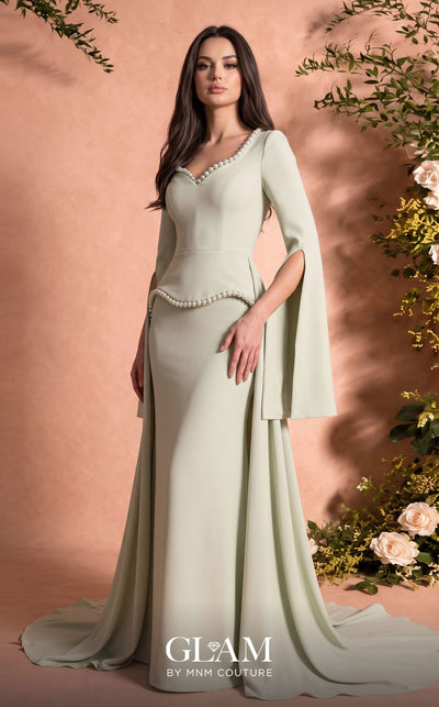 MNM Couture O07826 V-neck crepe chiffon gown with cape sleeves, pearl detailing, and chiffon overskirt train