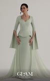 MNM Couture O07826 V-neck crepe chiffon gown with cape sleeves, pearl detailing, and chiffon overskirt train