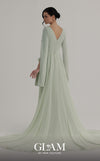 MNM Couture O07826 V-neck crepe chiffon gown with cape sleeves, pearl detailing, and chiffon overskirt train