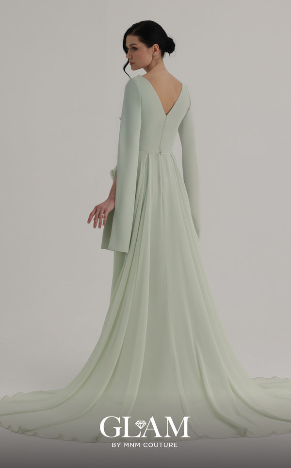 MNM Couture O07826 V-neck crepe chiffon gown with cape sleeves, pearl detailing, and chiffon overskirt train