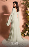 MNM Couture O07826 V-neck crepe chiffon gown with cape sleeves, pearl detailing, and chiffon overskirt train