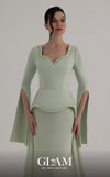 MNM Couture O07826 V-neck crepe chiffon gown with cape sleeves, pearl detailing, and chiffon overskirt train