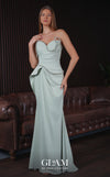 MNM Couture O07827 asymmetric strapless crepe gown with pearl-trimmed ruched corset and peplum
