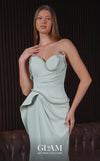MNM Couture O07827 asymmetric strapless crepe gown with pearl-trimmed ruched corset and peplum