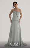MNM Couture O07828 strapless crepe column gown with sweetheart corset, crystals, arch cut, and overskirt train